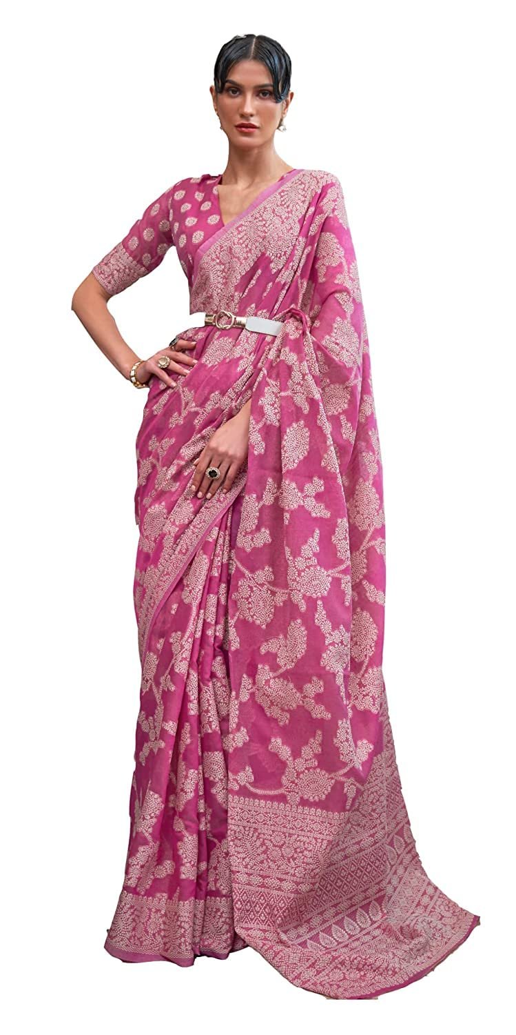 SWORNOF Women’s Lucknowi Chikankari Linen cotton Woven Sarees For Women with Blouse sarees for Women