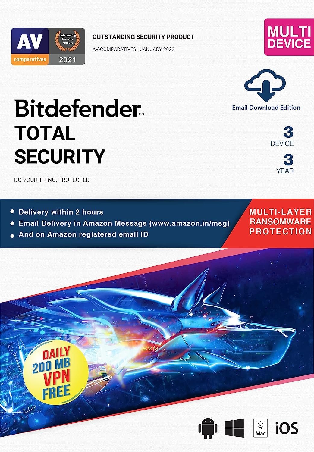 BitDefender Total Security Latest Version (Windows / Mac / Android / iOS) – 3 Devices, 3 Years (Single Activation Code) (Email Delivery in 2 hours – No CD)