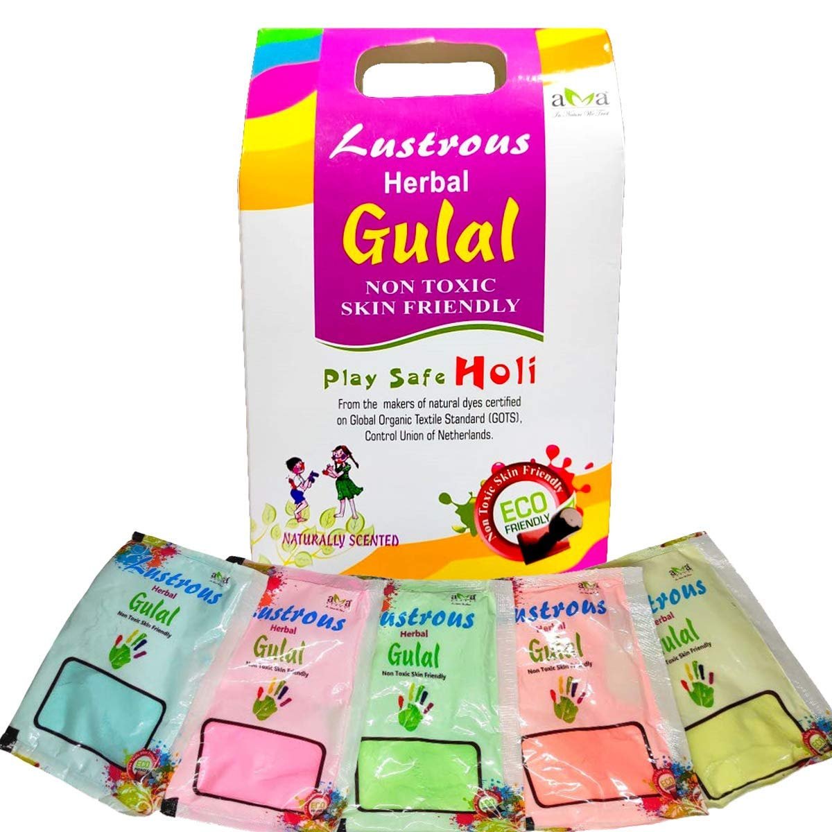 Vegetal Lustrous Natural Holi Colours Herbal Gulal; 400gm (80g.X5 Pouches)- Red, Pink, Green, Yellow, Blue