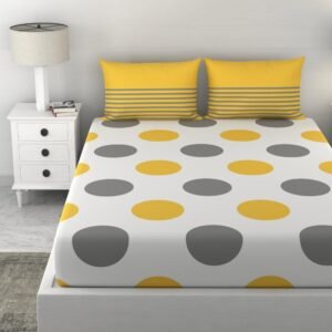 LORETO – A QUALITY LINEN BRAND 100% Cotton King Size Bedsheet with 2 Pillow Covers – Yellow & Grey Polka Design, Soft & Breathable 144 TC Fabric, Perfect for King Size Beds