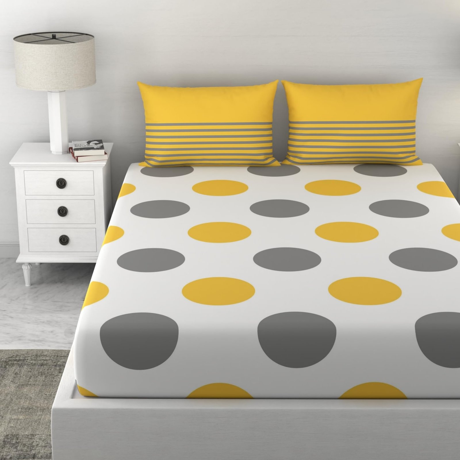 LORETO – A QUALITY LINEN BRAND 100% Cotton King Size Bedsheet with 2 Pillow Covers – Yellow & Grey Polka Design, Soft & Breathable 144 TC Fabric, Perfect for King Size Beds