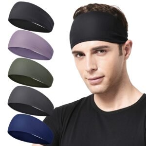 Acozycoo Mens Running Headband,5Pack,Mens Sweatband Sports Headband for Running, Cycling, Basketball,Yoga,Fitness Workout Stretchy Unisex Hairband