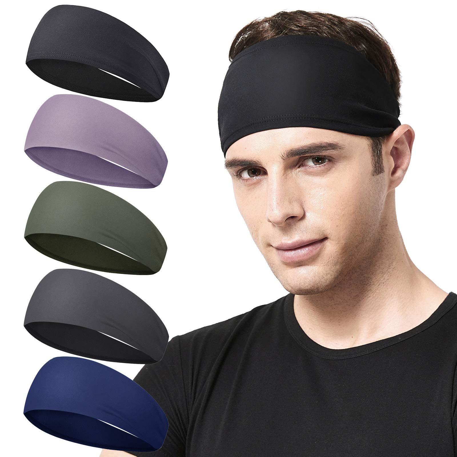 Acozycoo Mens Running Headband,5Pack,Mens Sweatband Sports Headband for Running, Cycling, Basketball,Yoga,Fitness Workout Stretchy Unisex Hairband