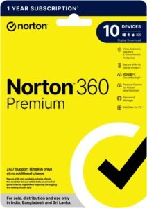 Norton 360 Premium|10 Users 1 Year|Total Security for PC, Mac, Android or iOS|Additionally Includes Dark Web Monitoring, Password Manager,PC Cloud Back Up, SafeCam for PC|Email Delivery in 2 Hrs