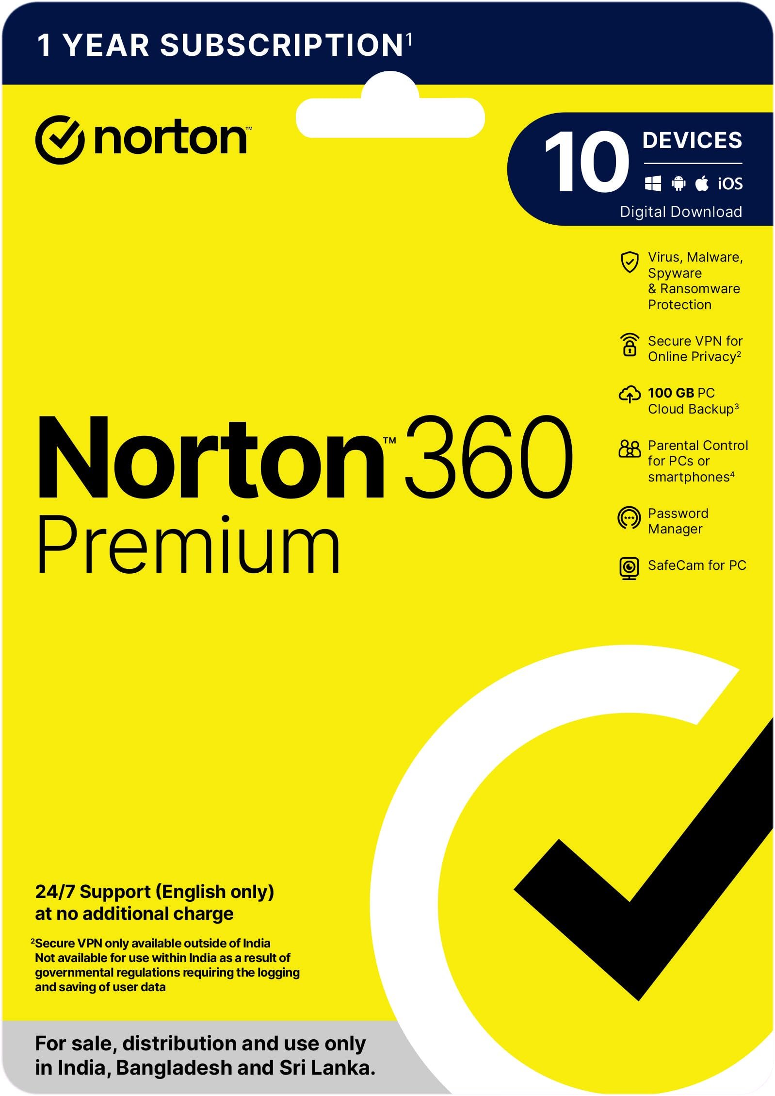 Norton 360 Premium|10 Users 1 Year|Total Security for PC, Mac, Android or iOS|Additionally Includes Dark Web Monitoring, Password Manager,PC Cloud Back Up, SafeCam for PC|Email Delivery in 2 Hrs