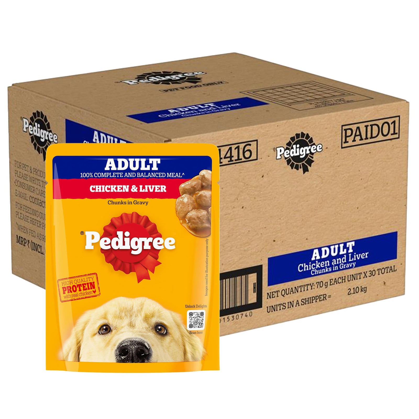 Pedigree Adult Wet Dog Food, Chicken & Liver Chunks in Gravy, 70g (30 Pack)