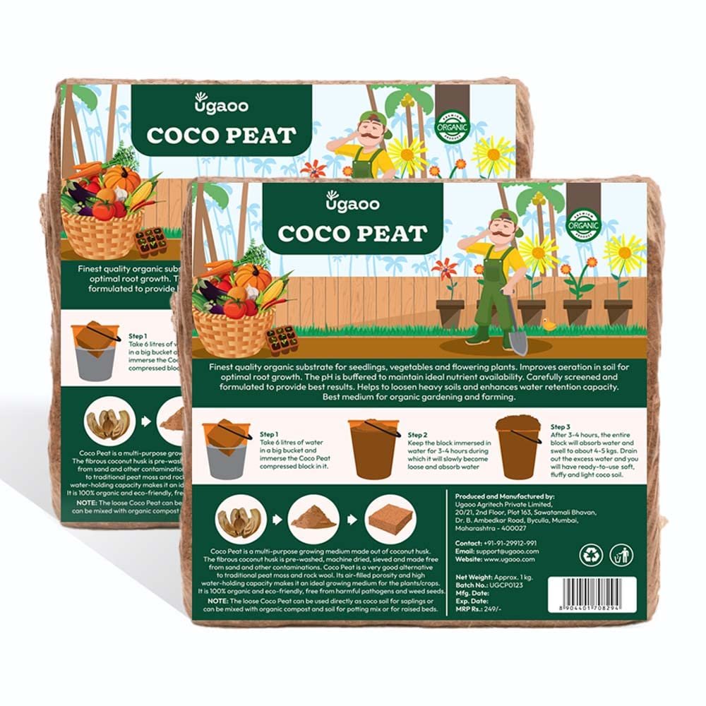 Ugaoo Cocopeat Block 2 Kg (1Kg Each) | Expands Upto 30 litres of Light Coco Peat Growing Medium | Pre-Washed Low-EC Cocopeat for Plants Seed and Potting Mix | Indoor and Outdoor Garden