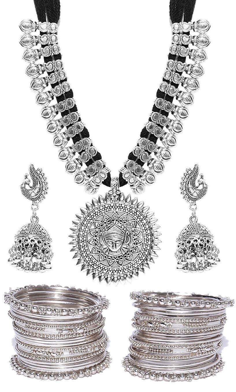 YouBella Jewellery Sets for Women Silver Plated Afghani Tribal Necklace Jewellery set with Earrings and Bangles Combo For Girls/Women
