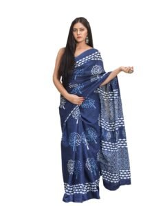 JALTHER Handicrafts Women’s Ikat Hand Block Print Jaipuri Cotton Mulmul Saree with Blouse Piece
