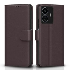 Pikkme iQoo Z6 Lite 5G Flip Case Leather Finish | Inside TPU with Card Pockets | Wallet Stand and Shock Proof | Magnetic Closing | Complete Protection Flip Cover for iQoo Z6 Lite 5G (Coffee)