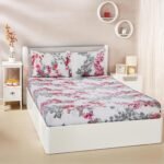 Amazon Brand – Solimo King Size Fitted Bedsheet with 2 Pillow Cases | 180 TC | 100% Cotton | Washing Machine Washable | Fits Up to 7 Inch Mattress | 78 X 72 Inches | Floral Design (Pink)