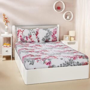 Amazon Brand – Solimo King Size Fitted Bedsheet with 2 Pillow Cases | 180 TC | 100% Cotton | Washing Machine Washable | Fits Up to 7 Inch Mattress | 78 X 72 Inches | Floral Design (Pink)