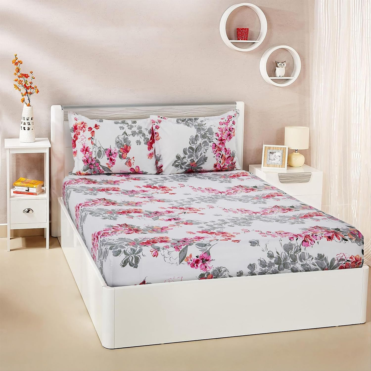 Amazon Brand – Solimo King Size Fitted Bedsheet with 2 Pillow Cases | 180 TC | 100% Cotton | Washing Machine Washable | Fits Up to 7 Inch Mattress | 78 X 72 Inches | Floral Design (Pink)