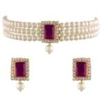 I Jewels Gold Plated Traditional Stone Pearl Choker Necklace Jewellery Set for Women