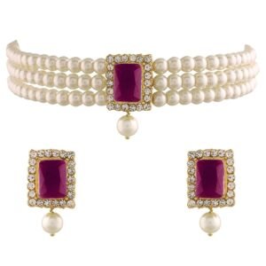I Jewels Gold Plated Traditional Stone Pearl Choker Necklace Jewellery Set for Women