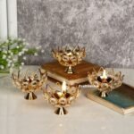 Collectible India Diwali Diya Crystal Round Akhand Diya for Puja Brass Small Kamal Deep Jyoti Oil Lamp for Home Temple Pooja Decor Gifts Pack of 4