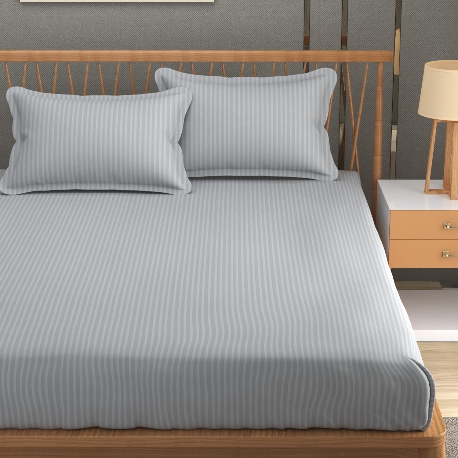 Homefab India 160 TC Stripe Glace Cotton Double BedSheet with 2 Pillow Covers – (90×90 inches) – Silver