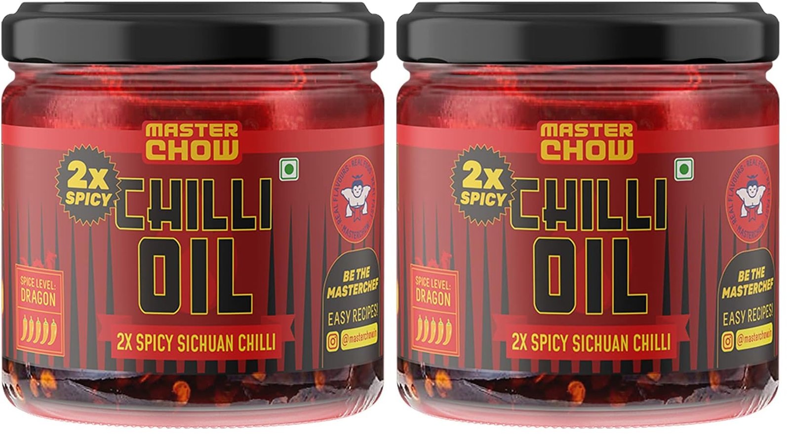 MasterChow 2X Spicy Sichuan Chilli Oil (170g) | Extra Hot | Made with Sichuan Peppercorns, Crunchy Garlic & Red Chillies | All Purpose Condiment | Eat With Momos, Pizza, Noodles (Pack of 2)