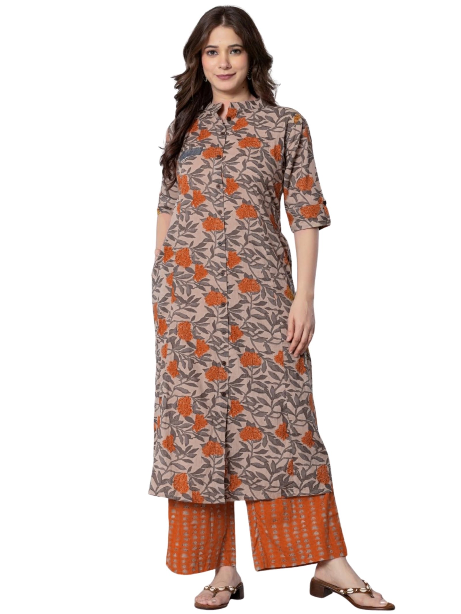 rytras Women Cotton Printed A-Line Kurta with Palazzo Pant Set