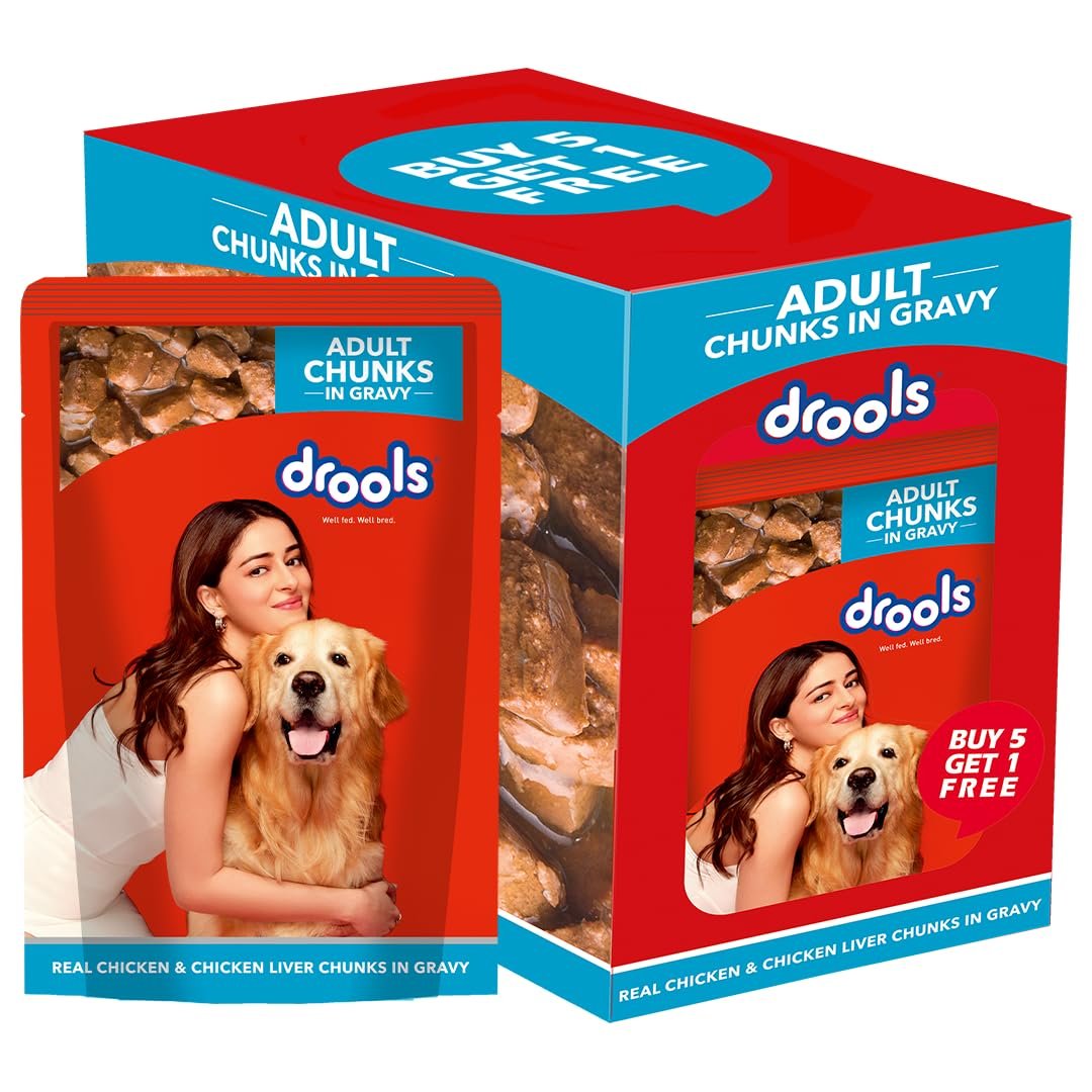 Drools Adult Wet Dog Food 0.9kg (150g x 6) Pack of 6 | Real Chicken and Chicken Liver Chunks in Gravy | Healthy Skin and Coat | Maintains Joint Health | Better Digestibility