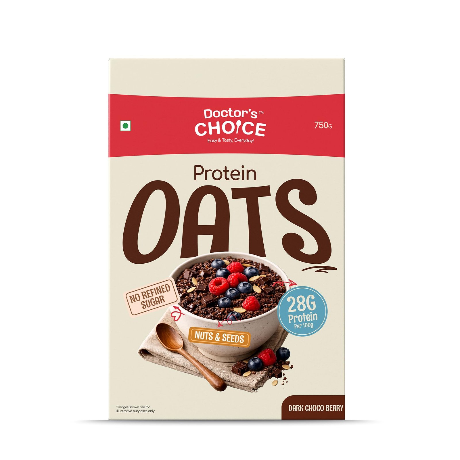 Doctors Choice High Protein Oats 750g | 28g Protein Oatmeal | Dark Choco Berry Flavor | No Added Sugar | Gluten Free | High Fiber Healthy Breakfast Oats