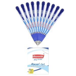 Reynolds RACER GEL Pen SET – 10 BLUE PENS WITH COMFORTABLE GRIP | BLUE GEL PENS FOR WRITING | PEN FOR STUDENTS & OFFICE STATIONERY | 0.5 mm TIP SIZE