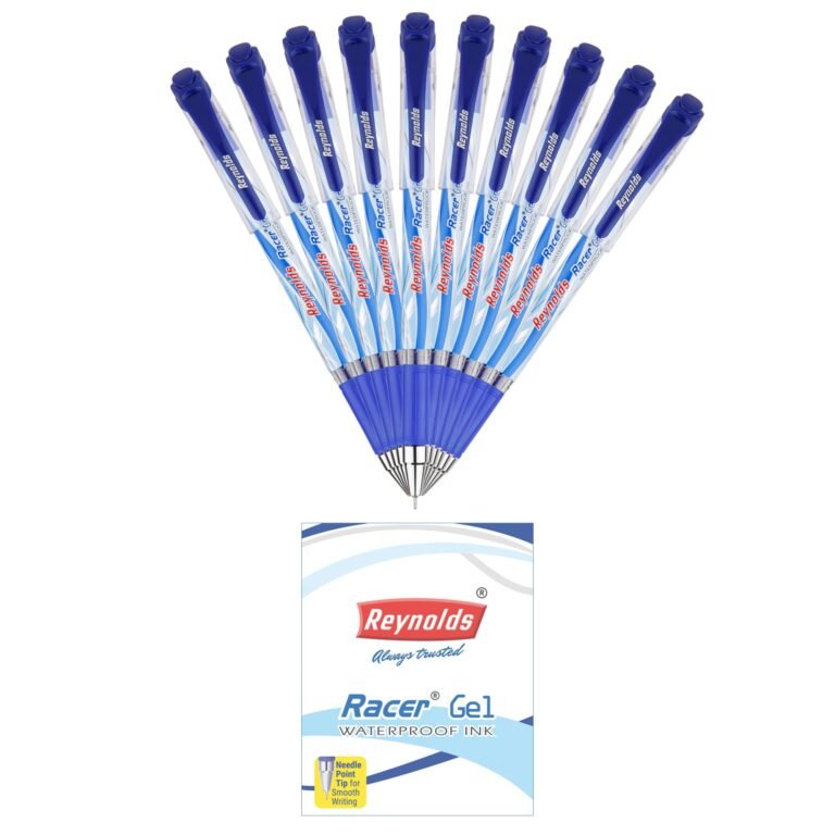 Reynolds RACER GEL Pen SET – 10 BLUE PENS WITH COMFORTABLE GRIP | BLUE GEL PENS FOR WRITING | PEN FOR STUDENTS & OFFICE STATIONERY | 0.5 mm TIP SIZE