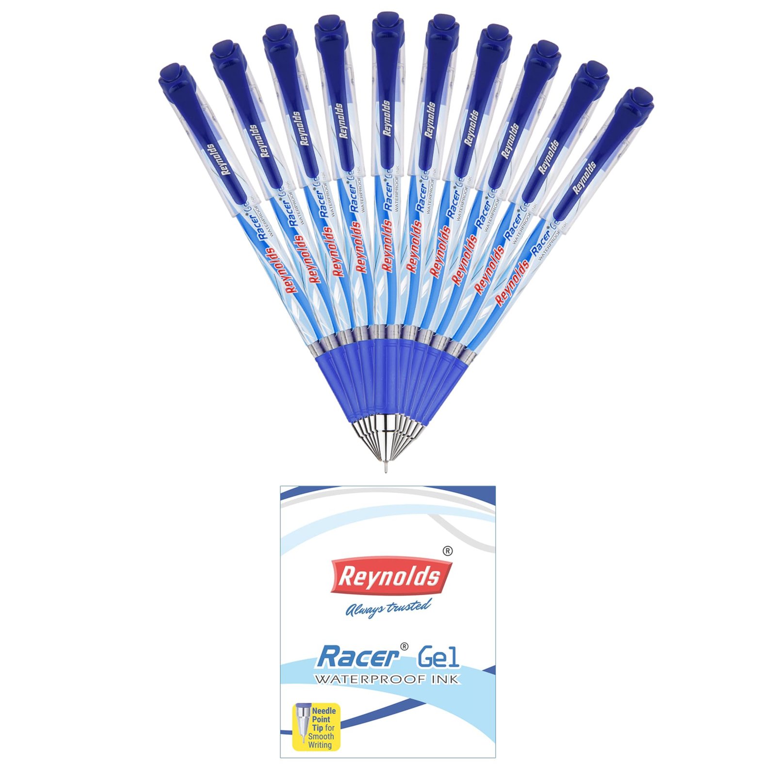 Reynolds RACER GEL Pen SET – 10 BLUE PENS WITH COMFORTABLE GRIP | BLUE GEL PENS FOR WRITING | PEN FOR STUDENTS & OFFICE STATIONERY | 0.5 mm TIP SIZE