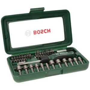 BOSCH 46-Piece Screwdriver Bit Set, 46 Pieces – 32 Screwdriver Bits, Nut-setters in 12 Sizes, Magnetic Universal Holder, Rachet Screwdriver, Green, Hard Case