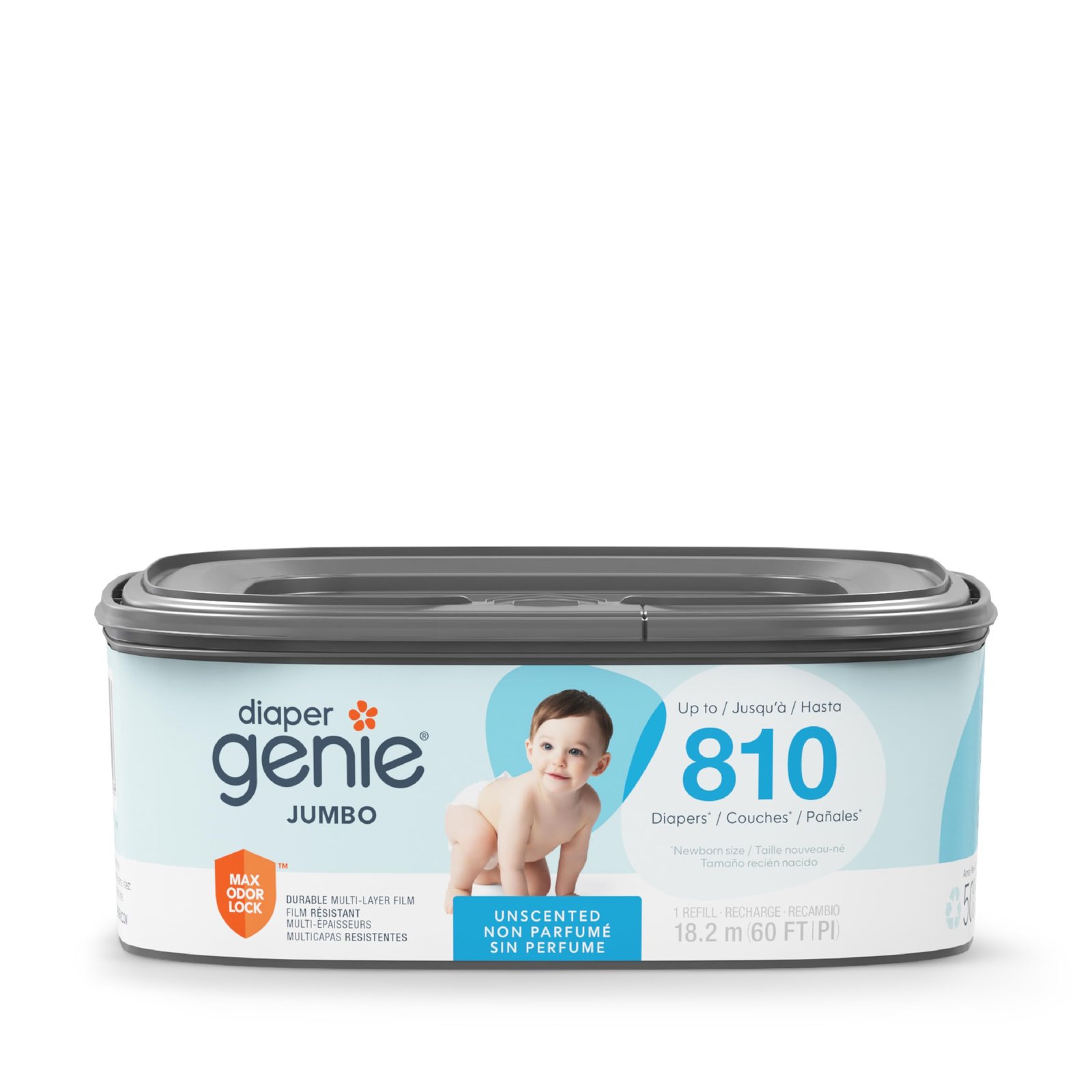 Diaper Genie The Jumbo Square Refill, with Continuous Film, can Hold up to 810 Newborn-Sized per Refill.