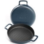 Ember Cookware Pre-Seasoned Cast Iron Grill Pan 26 cm | 10-Year Warranty | Heavy Duty Induction Cookware | Cast Iron Cookware | Non-Toxic Tandoor Grill Pan for Kebab, Vegetables & Sandwich | Blue