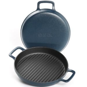 Ember Cookware Pre-Seasoned Cast Iron Grill Pan 26 cm | 10-Year Warranty | Heavy Duty Induction Cookware | Cast Iron Cookware | Non-Toxic Tandoor Grill Pan for Kebab, Vegetables & Sandwich | Blue