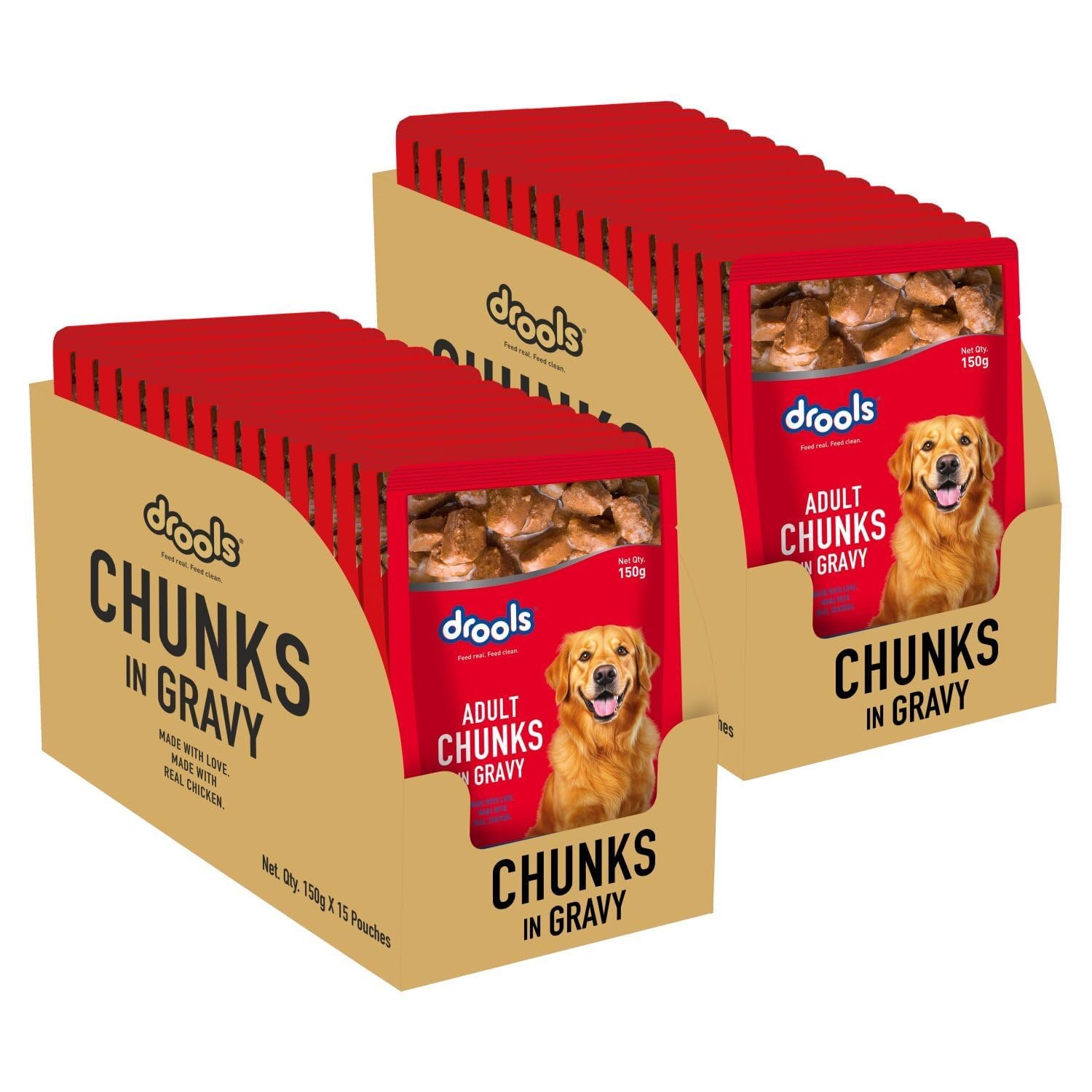 Drools Adult Wet Dog Food 4.5 kg (150g X 30) Pack of 30 | Real Chicken and Chicken Liver Chunks in Gravy | Better Digestibility and Health | Healthy Bones & Stronger Teeth