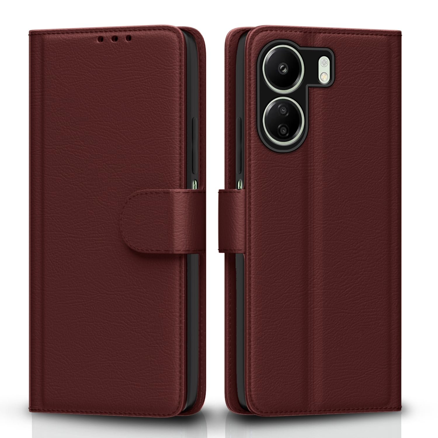 Pikkme Flip Cover for Redmi 13C 4G | Poco C65 | Leather Finish | Shockproof with Card Pockets & Wallet Stand | Ultimate Protection Case(Brown)