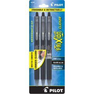 Pilot FriXion Clicker Retractable Erasable Gel Pens, Fine Point, Black Ink, 3-Pack (31464)
