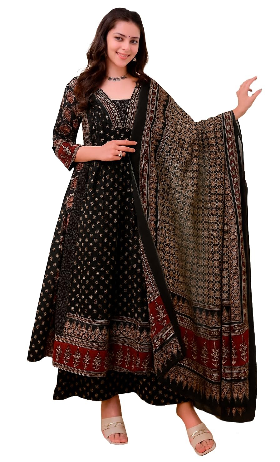 KLOSIA Women’s Rayon Printed Anarkali Kurta and Pant with Dupatta Set