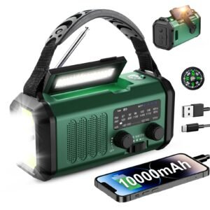 10000mAh Emergency Solar Dynamo Radio – NOAA/AM/FM Weather Radio, USB Type-C Charging, LED Torch & Reading Light, SOS Alarm, Compass for Camping