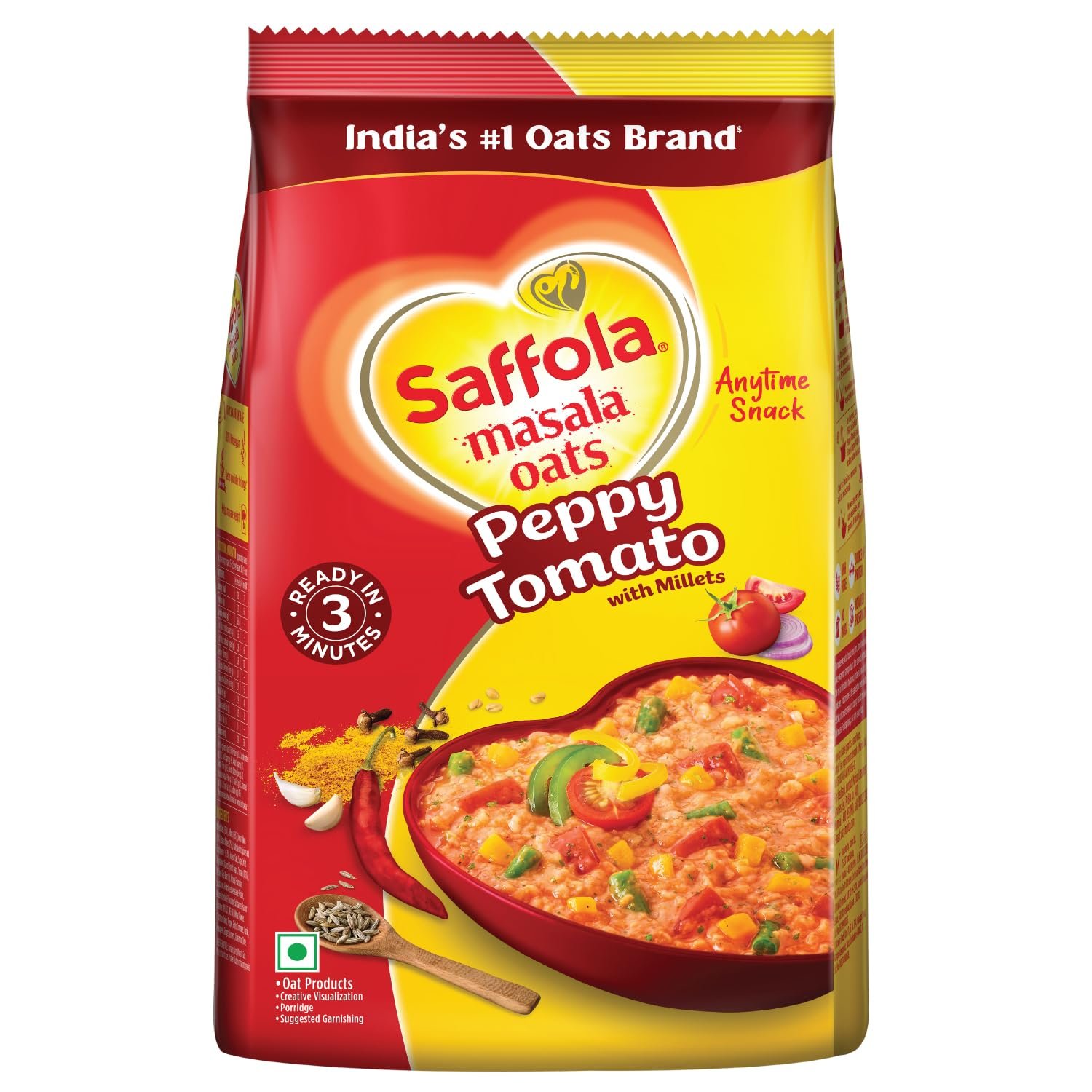 Saffola Masala Oats Peppy Tomato | 550g ​| Tasty, Anytime Snack | Ready in 3 mins | Millets Goodness- with Bajra & Jowar | No maida , No added preservatives | Oats helps manage weight