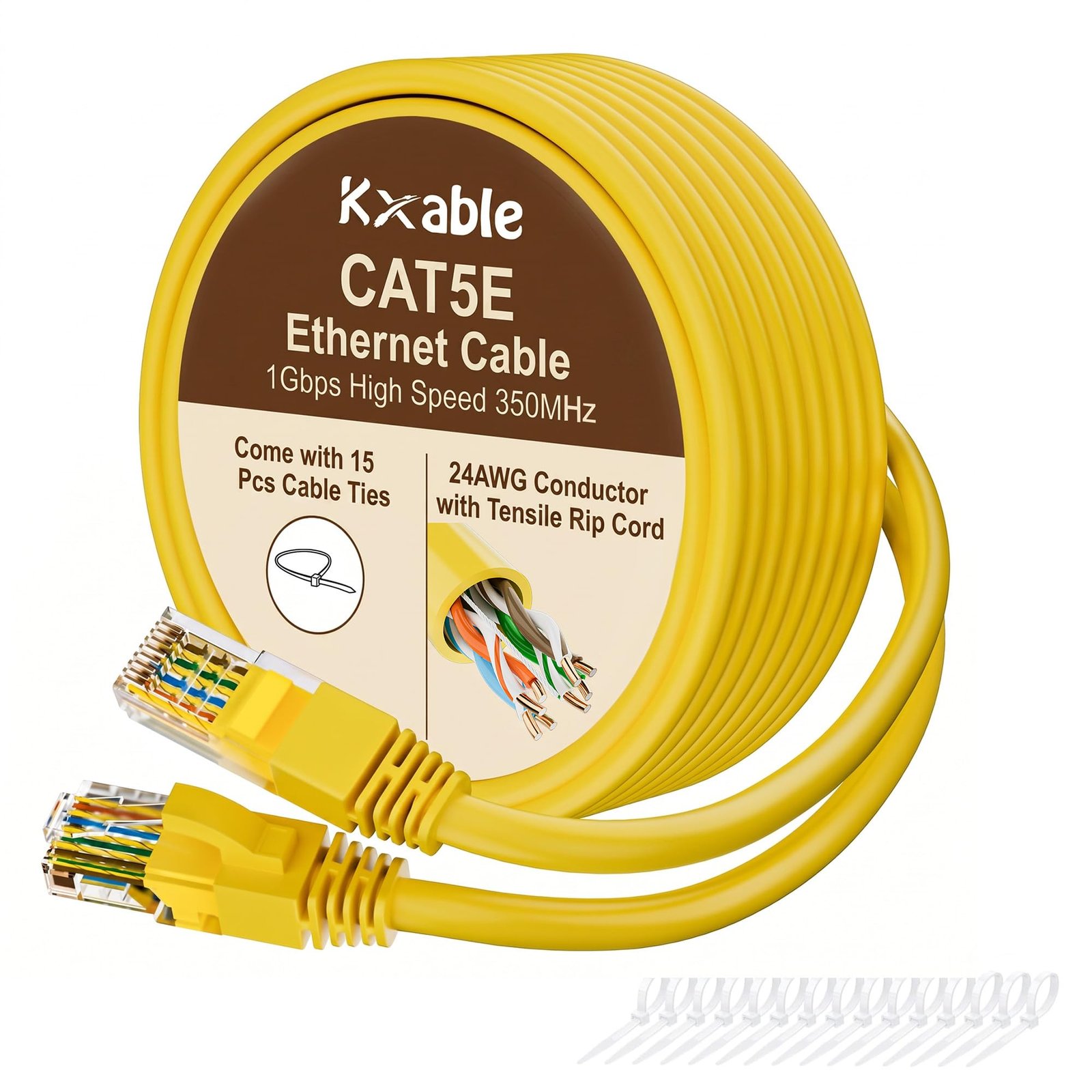 Cat5e Ethernet Cable 50 FT, Long Cat 5e Internet Cable, Yellow Snagless Patch Cord, Flexible, Network, LAN, PoE, Standard RJ45 Connector for PC, Server, Router, Modem, TV, PS5 – with 15 Cable Ties