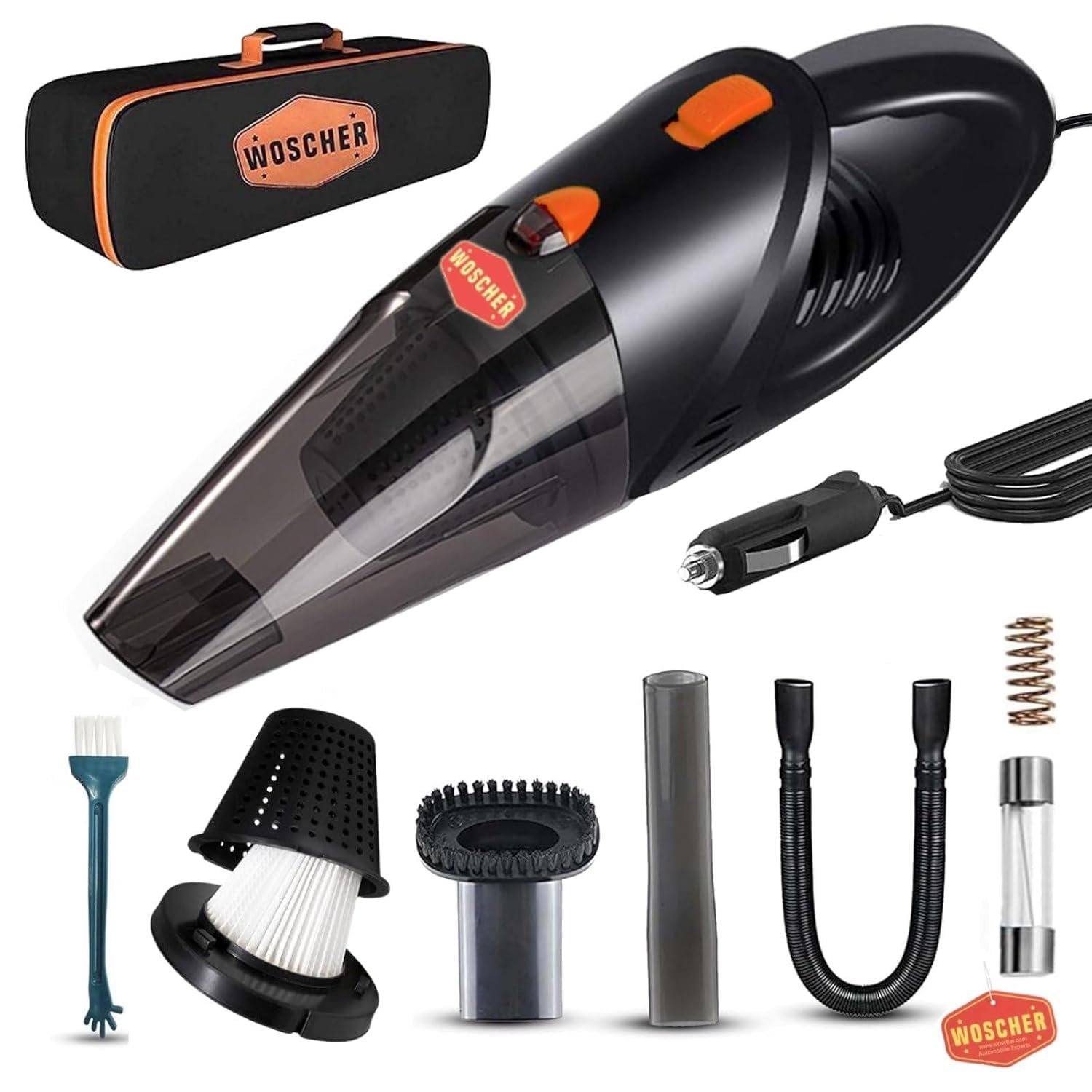 WOSCHER AutoVac Pro High Power Auto Car Vacuum Cleaner for Deep Cleaning, Hand Held Portable Car Vacuum with DC 12V, 140W Vacuum Motor & Powerful Suction 5000PA, Black