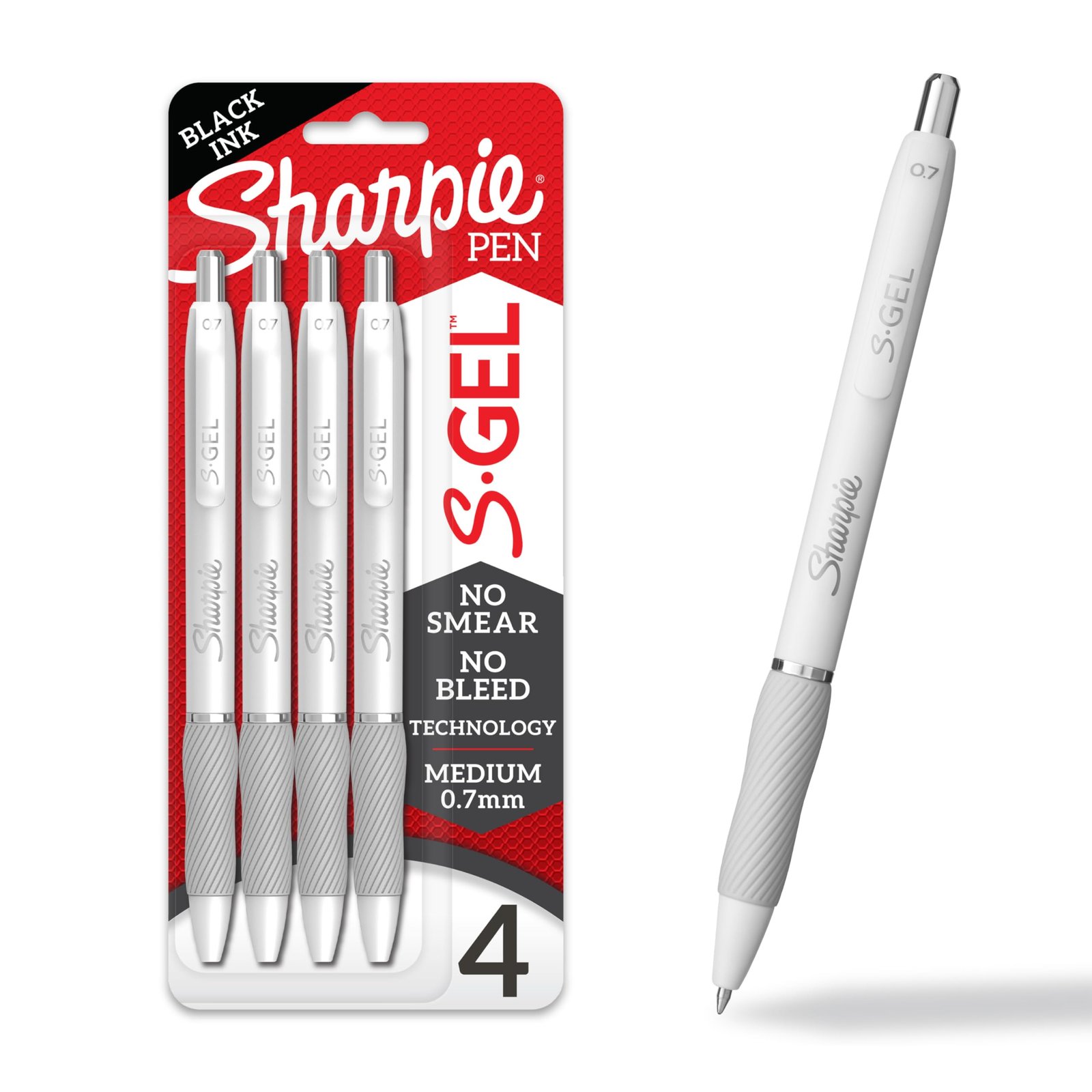 Sharpie S-Gel, Gel Pens, Medium Point (0.7mm), Pearl White Body, Black Gel Ink Pens, 4 Count