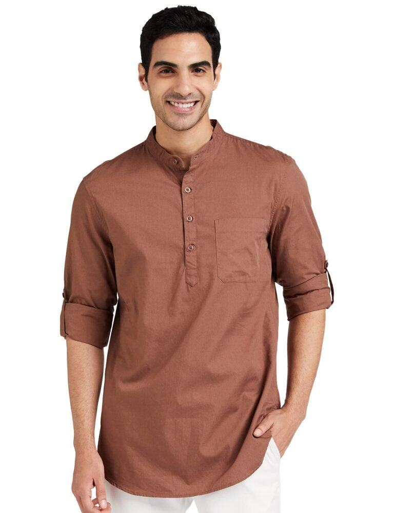 Amazon Brand – Symbol Men’s Cotton Shirt | Kurta Placket Style | Casual | Plain | Full Sleeve | Summer – Regular Fit (Available in Plus Sizes)