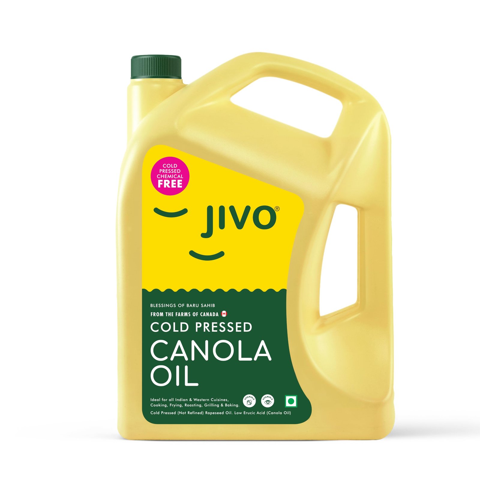 JIVO Cold Pressed Canola Oil 5 Litre | Contains MUFA | Fortified with Vitamins A & D | Cholesterol-Free Oil | Versatile Edible Oil | Ideal for Roasting, Frying, Baking & a Variety of Cuisines