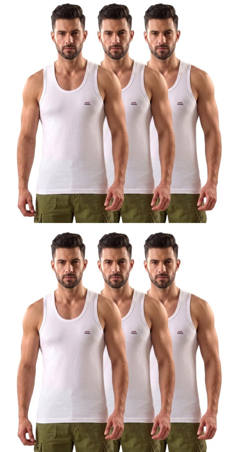 LUX VENUS Men’s 100% Cotton Sleeveless Vests | Regular Fit | Round Neck|Anti-Bacterial Finish & Tag-Free Comfort | White, Pack of 6
