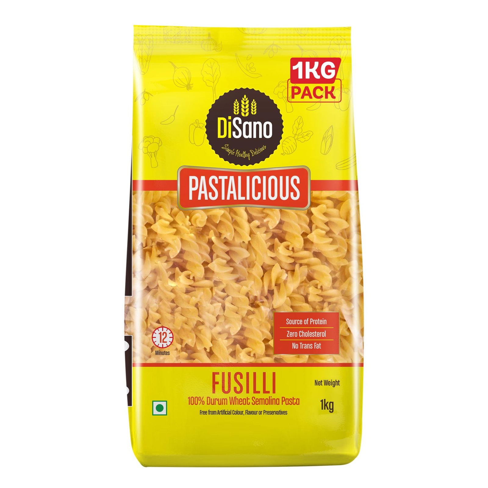 DiSano Fusilli Pasta 1kg, Healthy Pasta, Made with Durum Wheat Semolina, Suji, No Maida, Source of Protein & Fibre, Non-Sticky