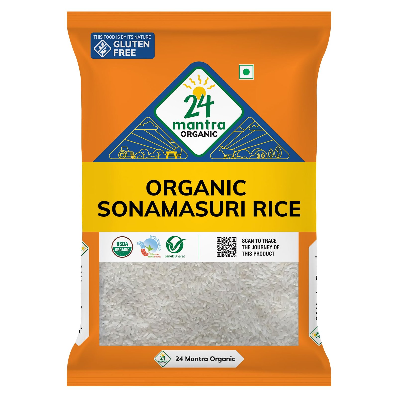 24 Mantra Organic Sonamasuri Polished Raw Rice/Sonamasoori Chawal – 5 Kg | Pack of 1 | 100% Organic | Chemical Free & Pesticides Free
