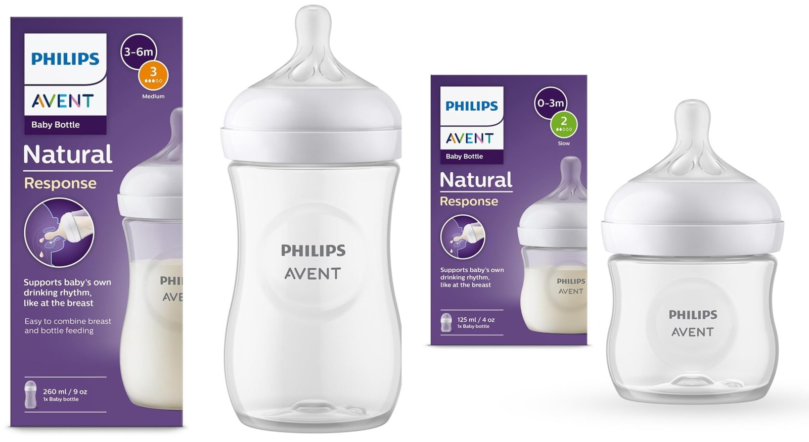 Avent Philips Polypropylene Natural Baby Feeding Bottle Combo| No.1 Brand Recommended by Moms Worldwide | Natural Response Technology Mimics Breastfeeding (Clear 125ml+260ml Combo)