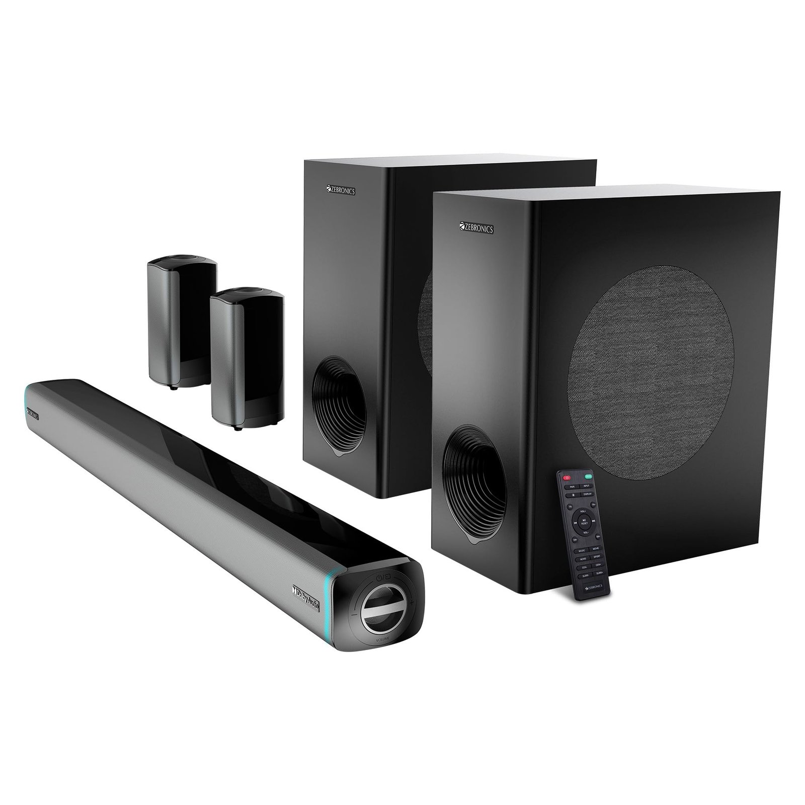 ZEBRONICS Juke bar 9550 pro 5.2 Soundbar (625 Watts), Dolby Audio, Dual Wireless Subwoofer & Wired Satellite, BT v5.3, HDMI ARC, Optical, Powerful Bass, RGB LED Lights, Wall Mountable, Silver