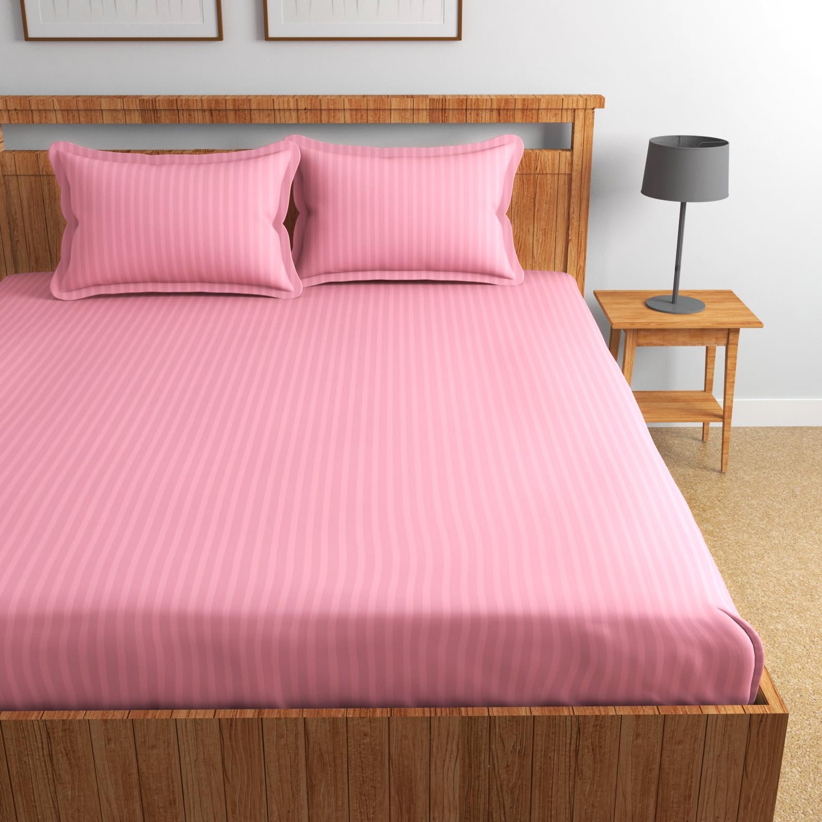 Homefab India 160 TC Stripe Glace Cotton Double BedSheet with 2 Pillow Covers – (90×90 inches) – Baby Pink