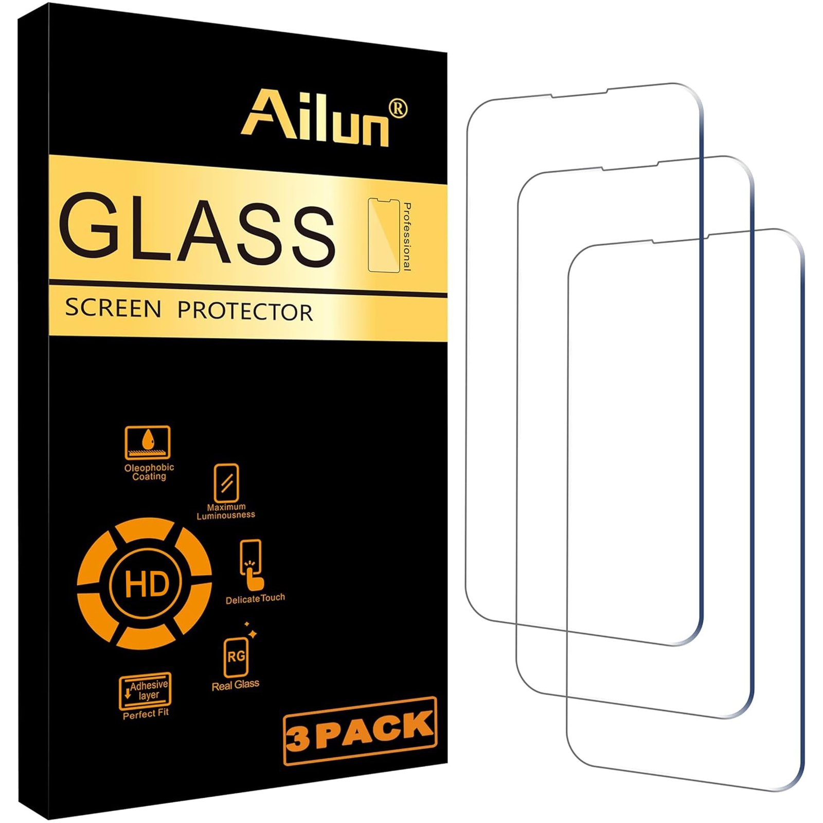 Ailun Glass Screen Protector for iPhone 14/14 Pro [6.1 Inch] Display 3 Pack Tempered Glass, Sensor Protection, Dynamic Island Compatible, Case Friendly